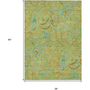 Photo of 3' X 5' Artichoke Green Paisley Washable Non Skid Indoor Outdoor Area Rug
