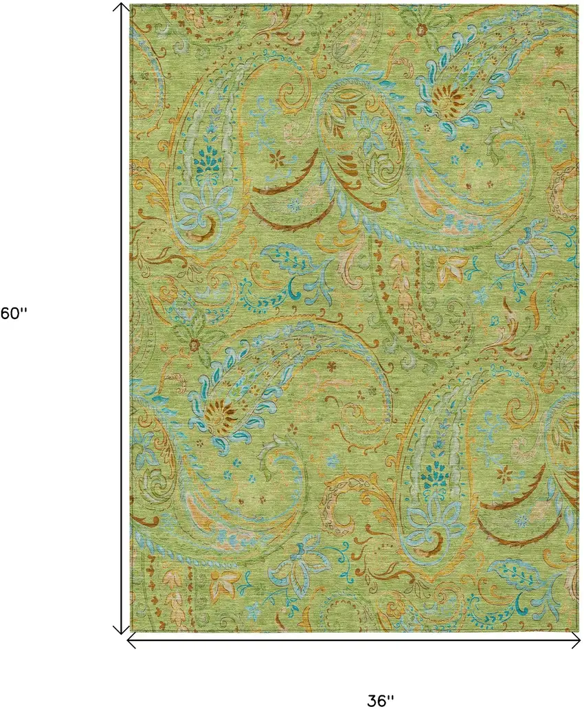 3' X 5' Artichoke Green Paisley Washable Non Skid Indoor Outdoor Area Rug Photo 3