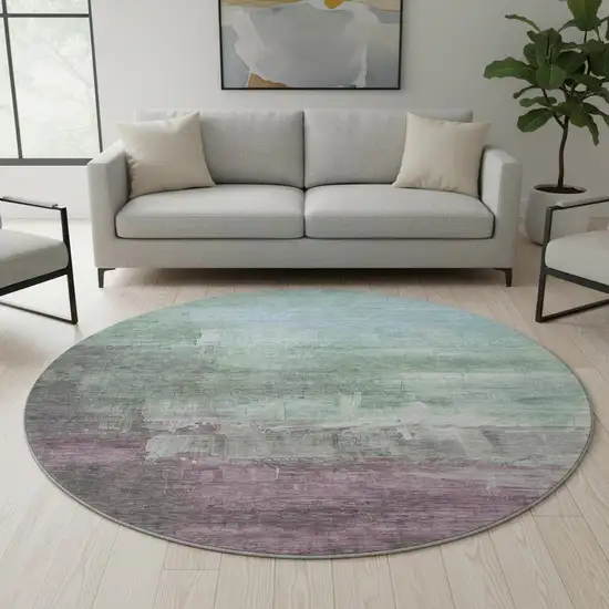 8' X 8' Artichoke Green Pale Aqua And Blush Abstract Washable Round Rug With UV Protection Photo 2