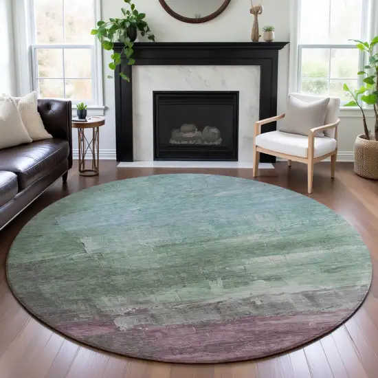8' X 8' Artichoke Green Pale Aqua And Blush Abstract Washable Round Rug With UV Protection Photo 4