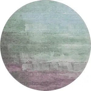 Photo of 8' X 8' Artichoke Green Pale Aqua And Blush Abstract Washable Round Rug With UV Protection