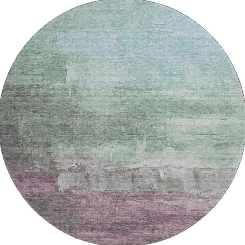 8' X 8' Artichoke Green Pale Aqua And Blush Abstract Washable Round Rug With UV Protection Photo 3