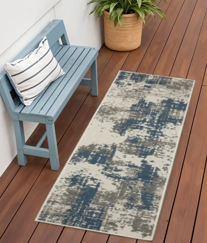 Blue and Beige Abstract Stain Resistant Indoor Outdoor Area Rug Photo 1
