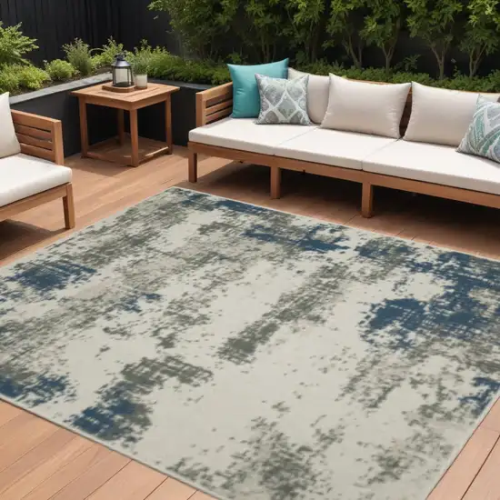 Blue and Beige Abstract Stain Resistant Indoor Outdoor Area Rug Photo 1