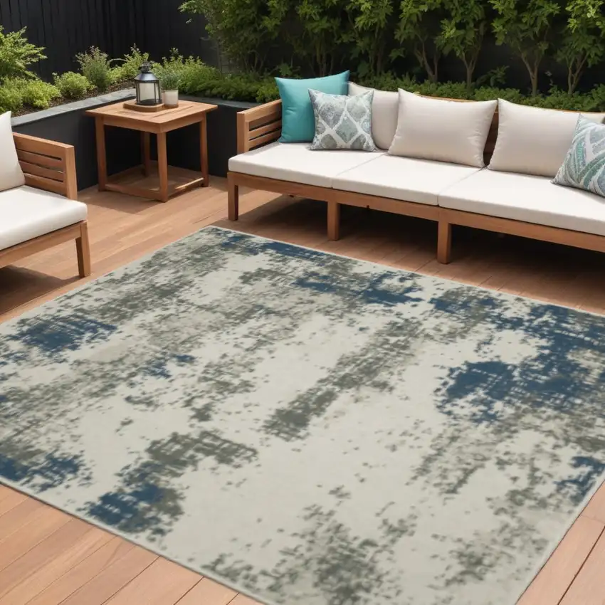 Blue and Beige Abstract Stain Resistant Indoor Outdoor Area Rug Photo 1