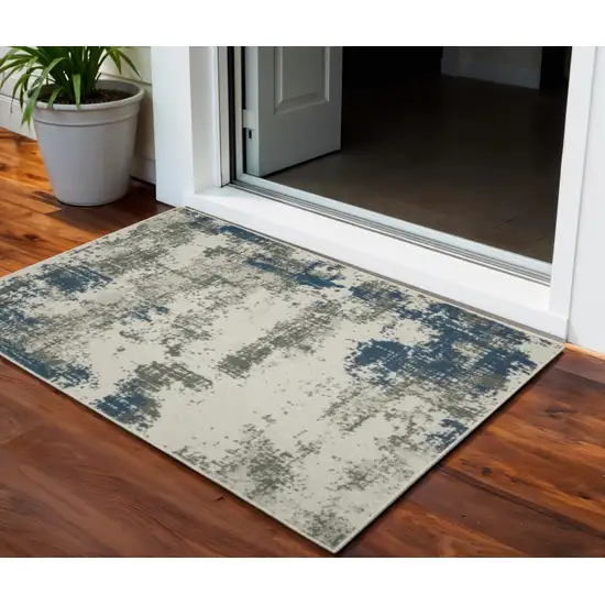 Blue and Beige Abstract Stain Resistant Indoor Outdoor Area Rug Photo 1