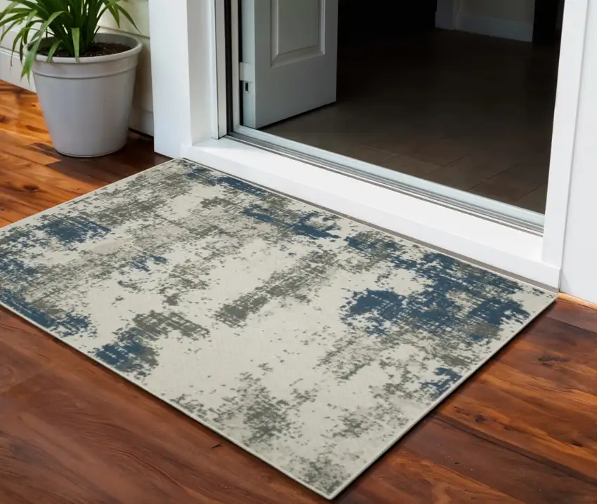 Blue and Beige Abstract Stain Resistant Indoor Outdoor Area Rug Photo 1