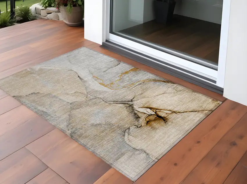 Beige Abstract Washable Non Skid Indoor Outdoor Area Rug Photo 1