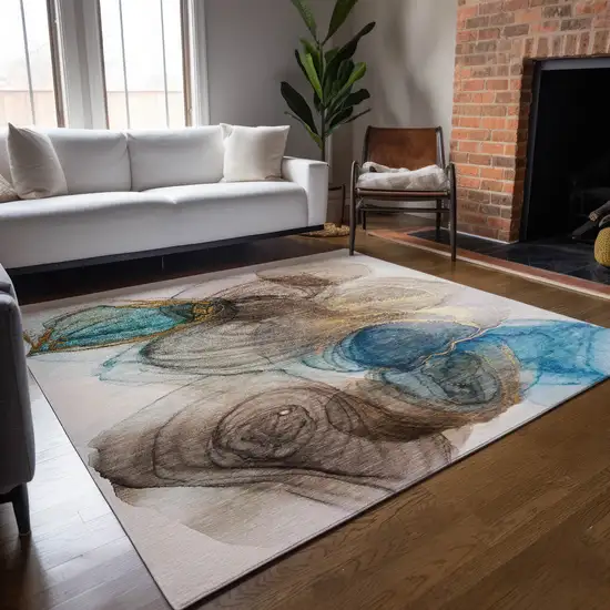 Beige Abstract Washable Non Skid Indoor Outdoor Area Rug Photo 9