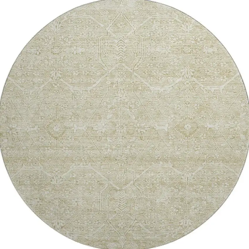 8' X 8' Beige And Ivory Floral Washable Round Rug With UV Protection Photo 3