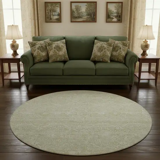 8' X 8' Beige And Ivory Floral Washable Round Rug With UV Protection Photo 2