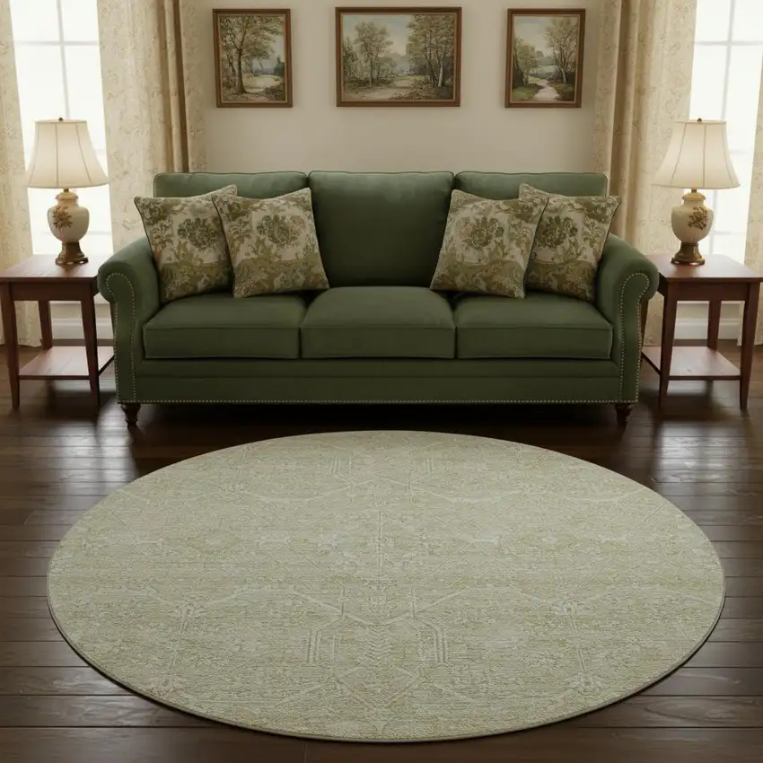 8' X 8' Beige And Ivory Floral Washable Round Rug With UV Protection Photo 2