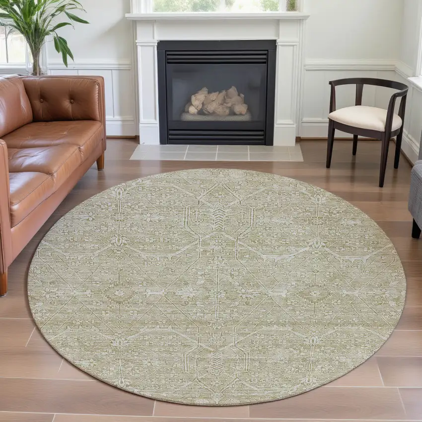 8' X 8' Beige And Ivory Floral Washable Round Rug With UV Protection Photo 4