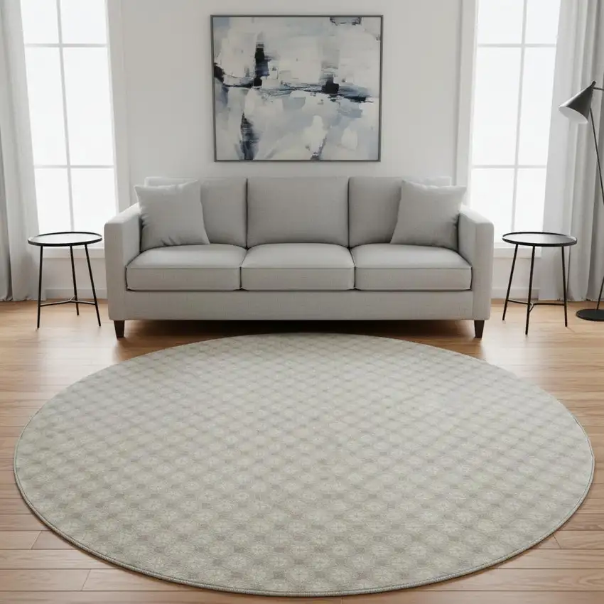 8' X 8' Beige And Ivory Geometric Washable Round Rug With UV Protection Photo 2