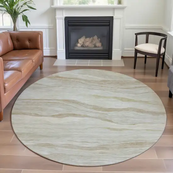 8' X 8' Beige And Ivory Striped Washable Round Rug With UV Protection Photo 4