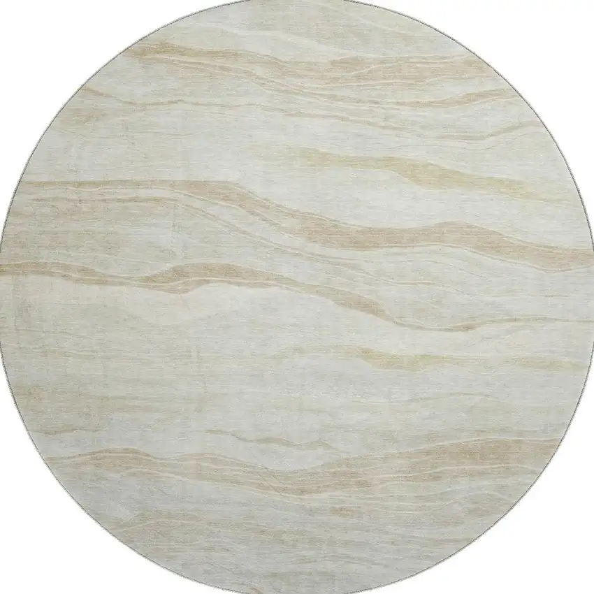 8' X 8' Beige And Ivory Striped Washable Round Rug With UV Protection Photo 3