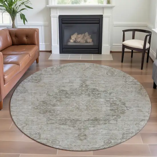 8' X 8' Beige And Taupe Oriental Washable Round Rug With UV Protection Photo 4