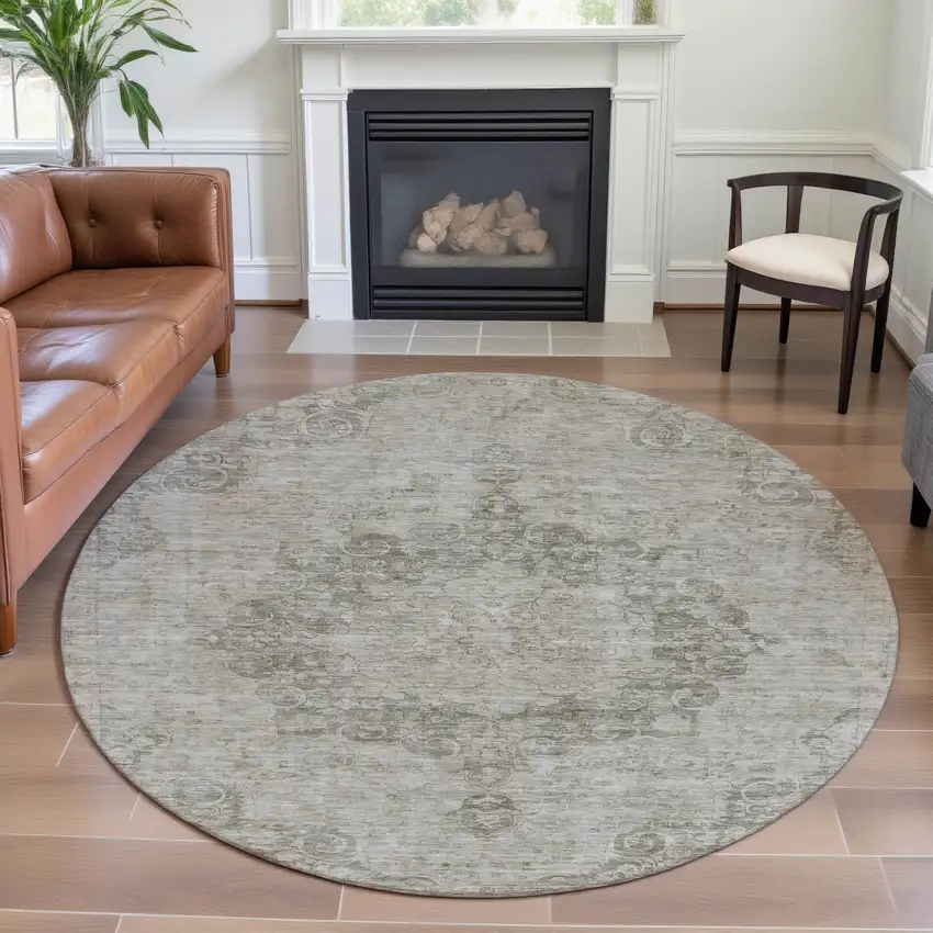8' X 8' Beige And Taupe Oriental Washable Round Rug With UV Protection Photo 4