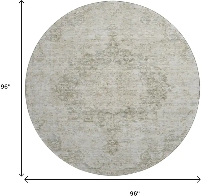 8' X 8' Beige And Taupe Oriental Washable Round Rug With UV Protection Photo 9
