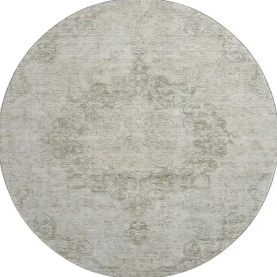 8' X 8' Beige And Taupe Oriental Washable Round Rug With UV Protection Photo 3