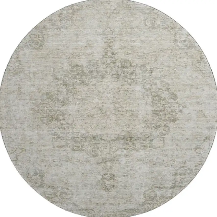 8' X 8' Beige And Taupe Oriental Washable Round Rug With UV Protection Photo 3