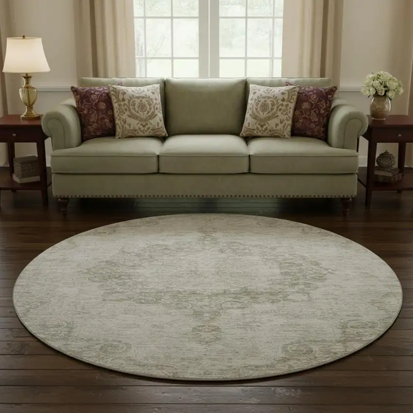 8' X 8' Beige And Taupe Oriental Washable Round Rug With UV Protection Photo 2
