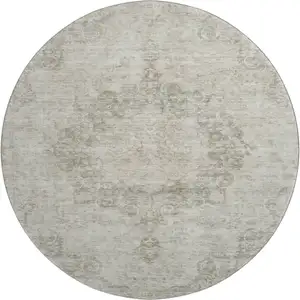Photo of 8' X 8' Beige And Taupe Oriental Washable Round Rug With UV Protection