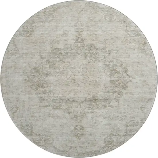 8' X 8' Beige And Taupe Oriental Washable Round Rug With UV Protection Photo 1