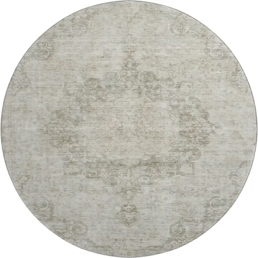 8' X 8' Beige And Taupe Oriental Washable Round Rug With UV Protection Photo 1