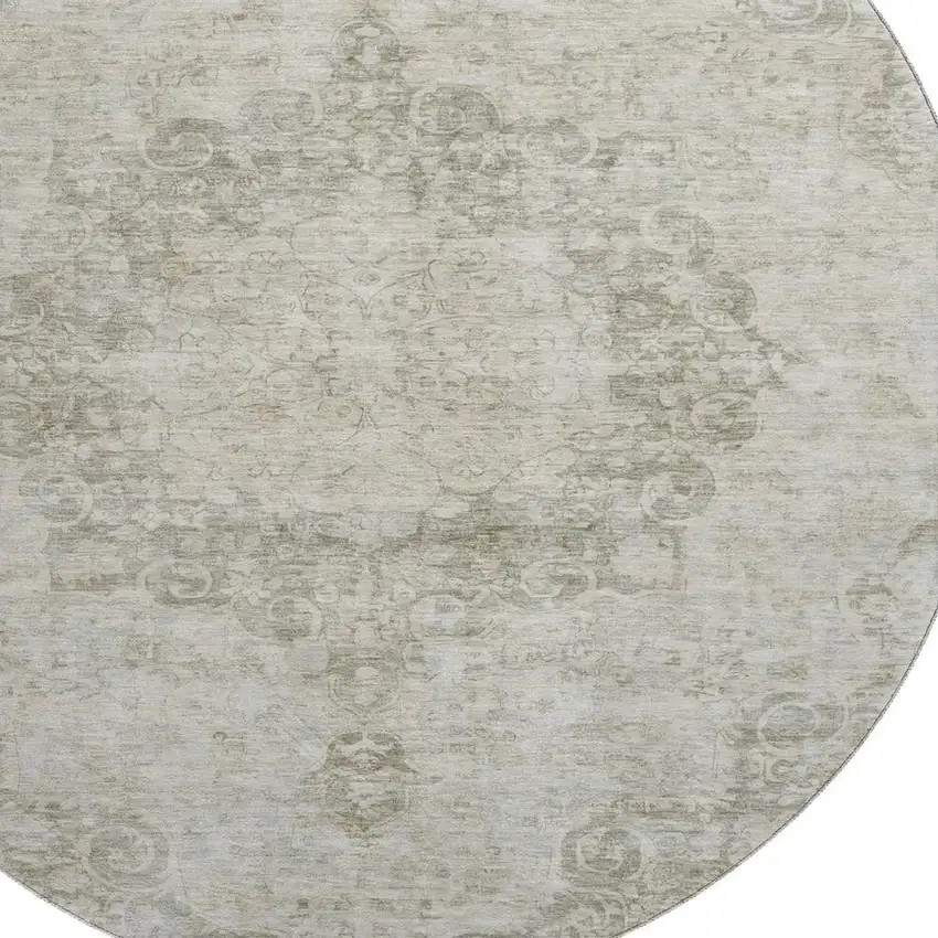 8' X 8' Beige And Taupe Oriental Washable Round Rug With UV Protection Photo 2