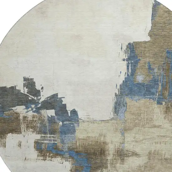 8' X 8' Beige Blue And Ivory Abstract Washable Round Rug With UV Protection Photo 2