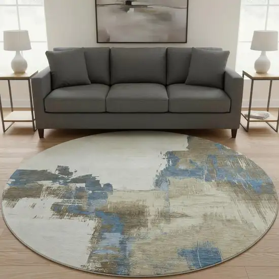 8' X 8' Beige Blue And Ivory Abstract Washable Round Rug With UV Protection Photo 2