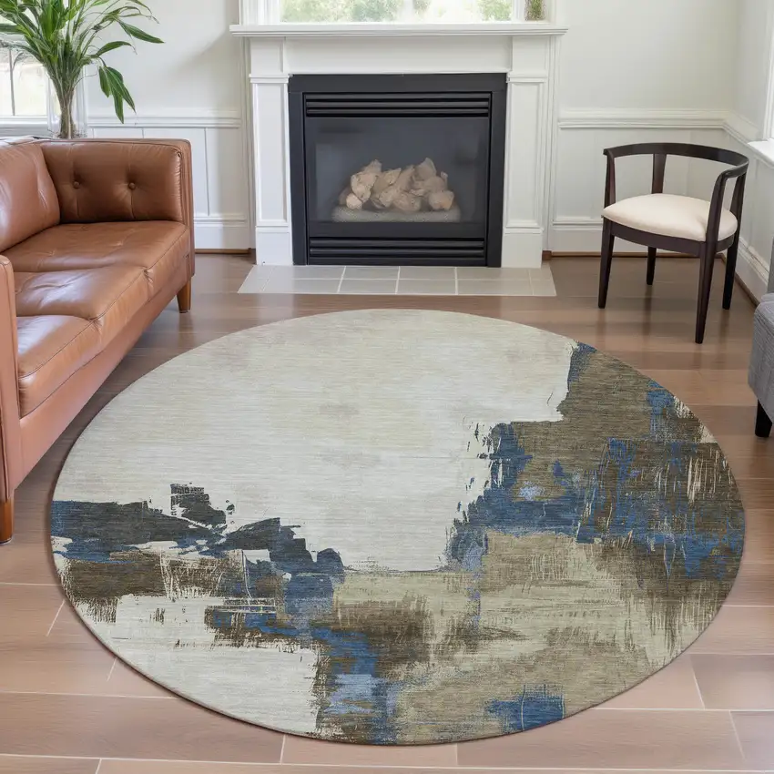 8' X 8' Beige Blue And Ivory Abstract Washable Round Rug With UV Protection Photo 4