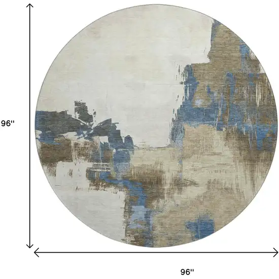 8' X 8' Beige Blue And Ivory Abstract Washable Round Rug With UV Protection Photo 9