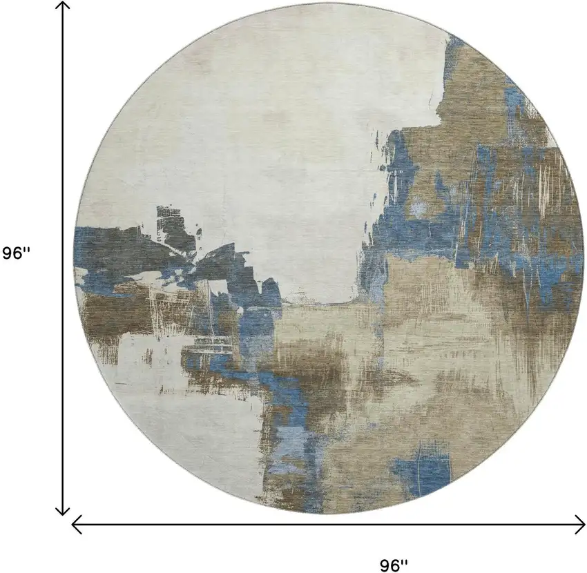 8' X 8' Beige Blue And Ivory Abstract Washable Round Rug With UV Protection Photo 9