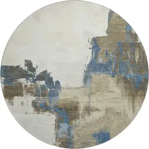 Photo of 8' X 8' Beige Blue And Ivory Abstract Washable Round Rug With UV Protection