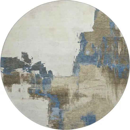 8' X 8' Beige Blue And Ivory Abstract Washable Round Rug With UV Protection Photo 1