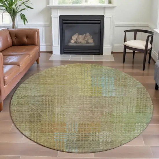 8' X 8' Beige Blue And Khaki Geometric Washable Round Rug With UV Protection Photo 4