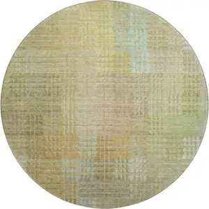 Photo of 8' X 8' Beige Blue And Khaki Geometric Washable Round Rug With UV Protection