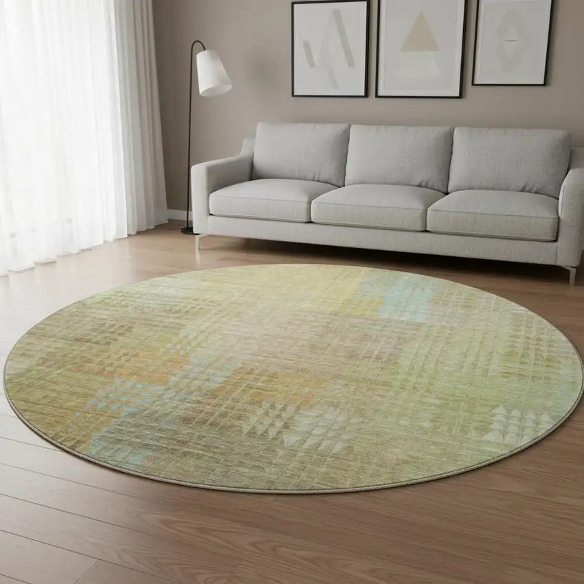 8' X 8' Beige Blue And Khaki Geometric Washable Round Rug With UV Protection Photo 2