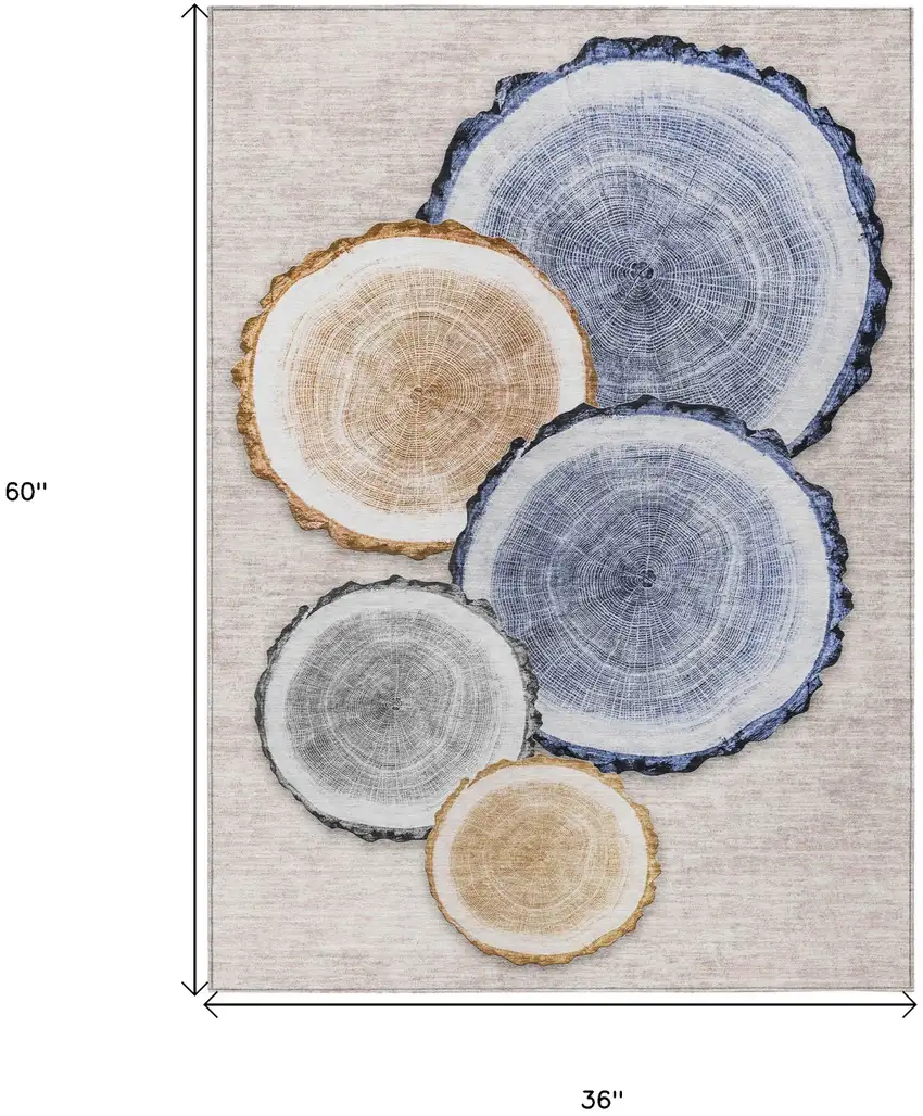 Beige Blue and Gold Faux Bois Washable Non Skid Indoor Outdoor Area Rug Photo 3