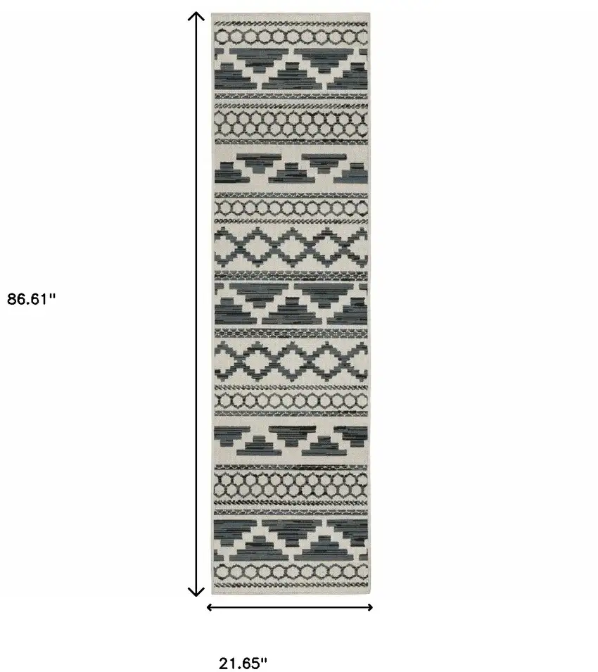 Blue and Beige Geometric Stain Resistant Indoor Outdoor Area Rug Photo 3