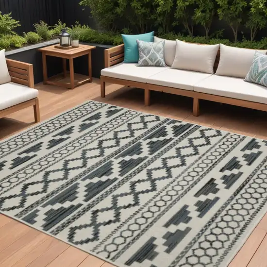 Blue and Beige Geometric Stain Resistant Indoor Outdoor Area Rug Photo 1