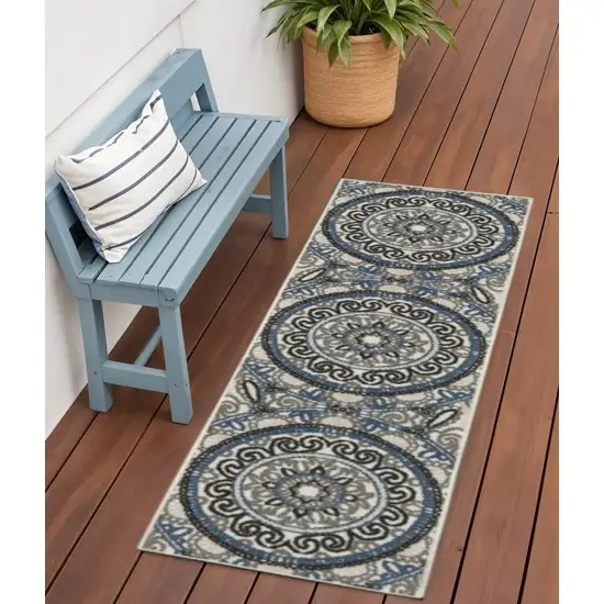Blue and Beige Geometric Stain Resistant Indoor Outdoor Area Rug Photo 1