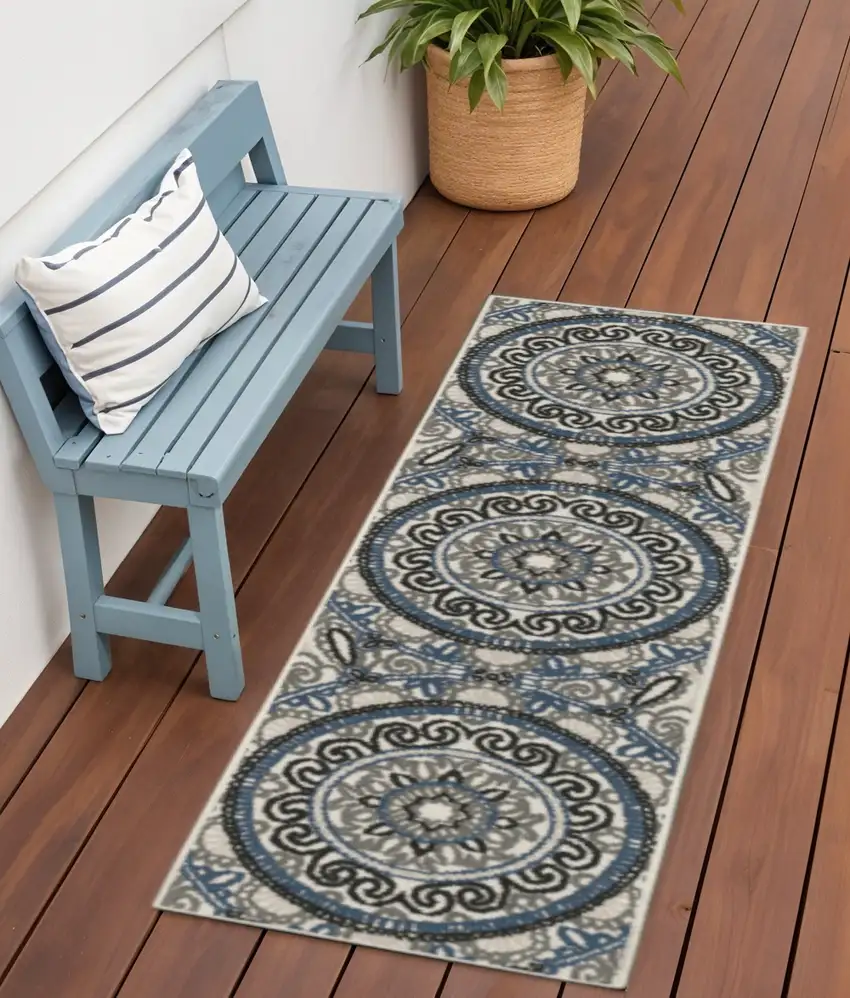Blue and Beige Geometric Stain Resistant Indoor Outdoor Area Rug Photo 1