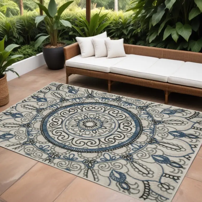 Blue and Beige Geometric Stain Resistant Indoor Outdoor Area Rug Photo 1