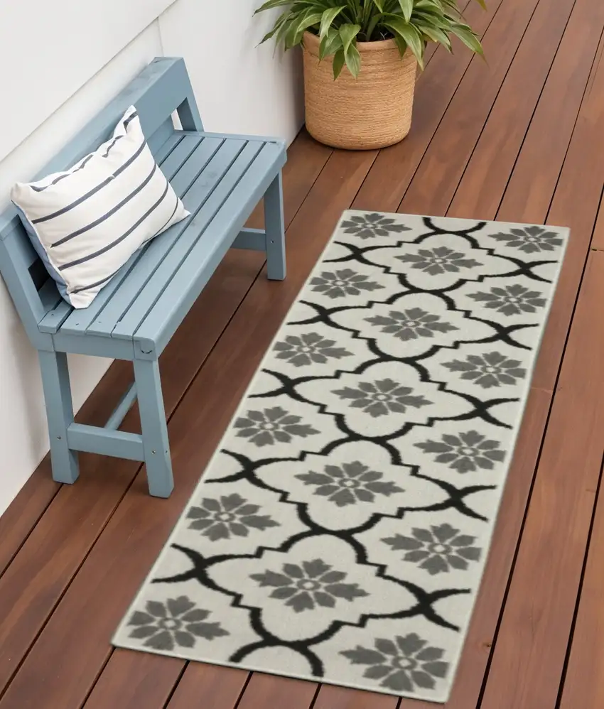 Beige and Black Geometric Stain Resistant Indoor Outdoor Area Rug Photo 1