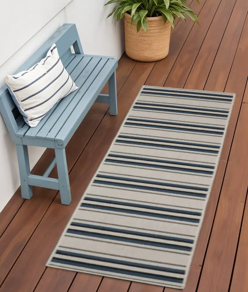 Blue and Beige Geometric Stain Resistant Indoor Outdoor Area Rug Photo 1