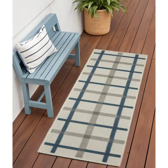 Blue and Beige Geometric Stain Resistant Indoor Outdoor Area Rug Photo 1