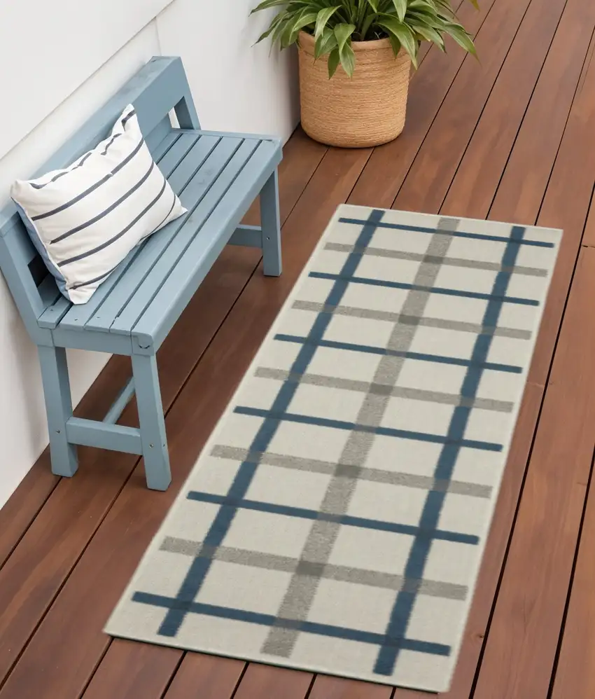 Blue and Beige Geometric Stain Resistant Indoor Outdoor Area Rug Photo 1